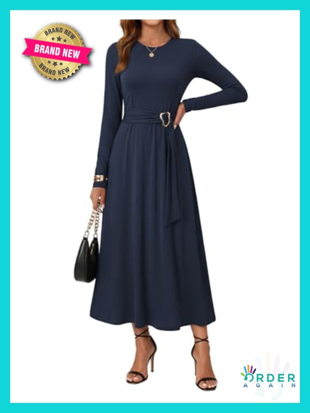 Women's Long Sleeve Belted A-Line Midi Dress with Pockets